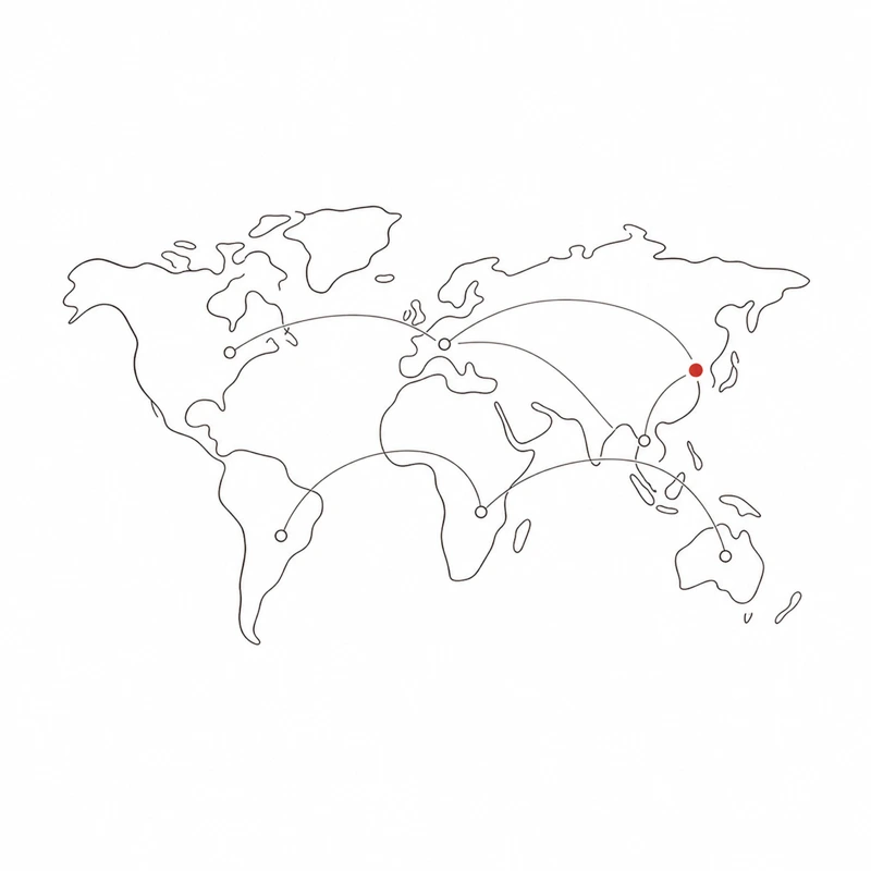 线描世界地图插图：红色圆点标注全球AI覆盖节点与海外市场增长路径